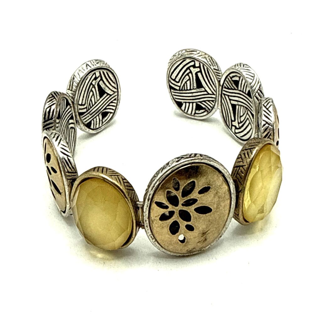 The SAK Cuff Bracelet Gold Silver Tone Yellow Faceted Accents 8"